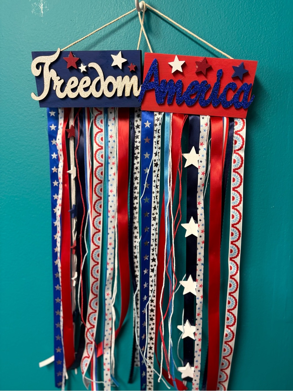 Set of 2 Patriotic Freedom America Ribbon Wall Hanging - Red, White & Blue